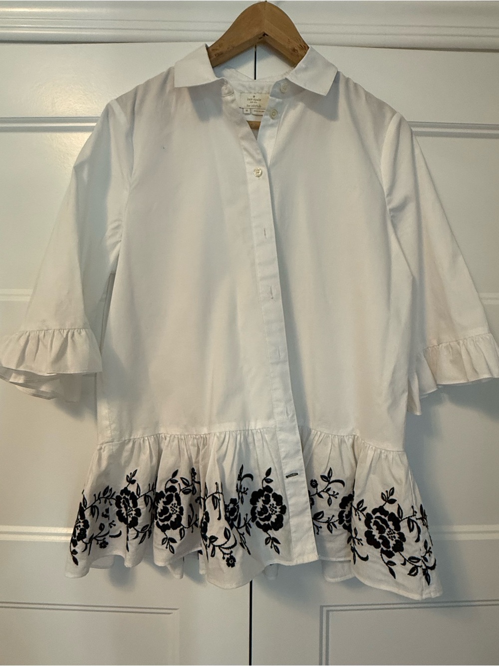 kate spade White Button-Up Blouse with Black Floral Hem